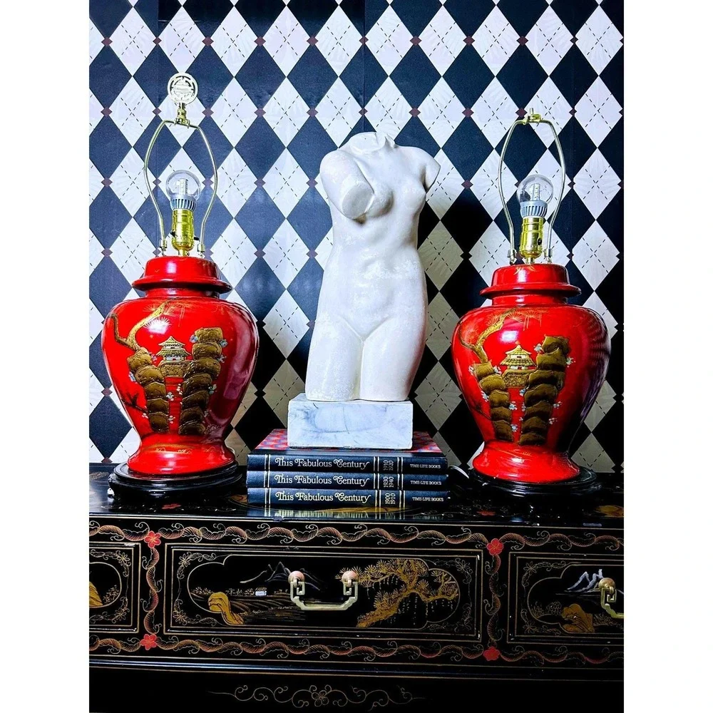 Pair Large Chinese Chinoiserie Red Lacquer Lamps Pagoda Shades Hollywood Regency